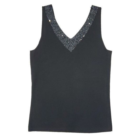 Garnet Hill Sequin Sparkly Vneck Tank Top Silk Blend Black Sz S Beaded - Picture 2 of 9